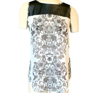Bisou Bisou Sleeveless Top Mixed Media Faux Leather/Floral S Black & White 61E